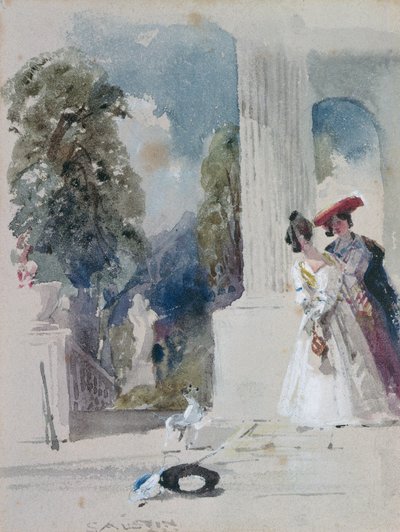 Two Ladies Standing Beside a Pillared Portico by Samuel Austin